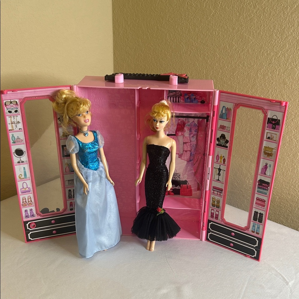 Pink Portable Doll Wardrobe Playset with Two Fashion Dolls.